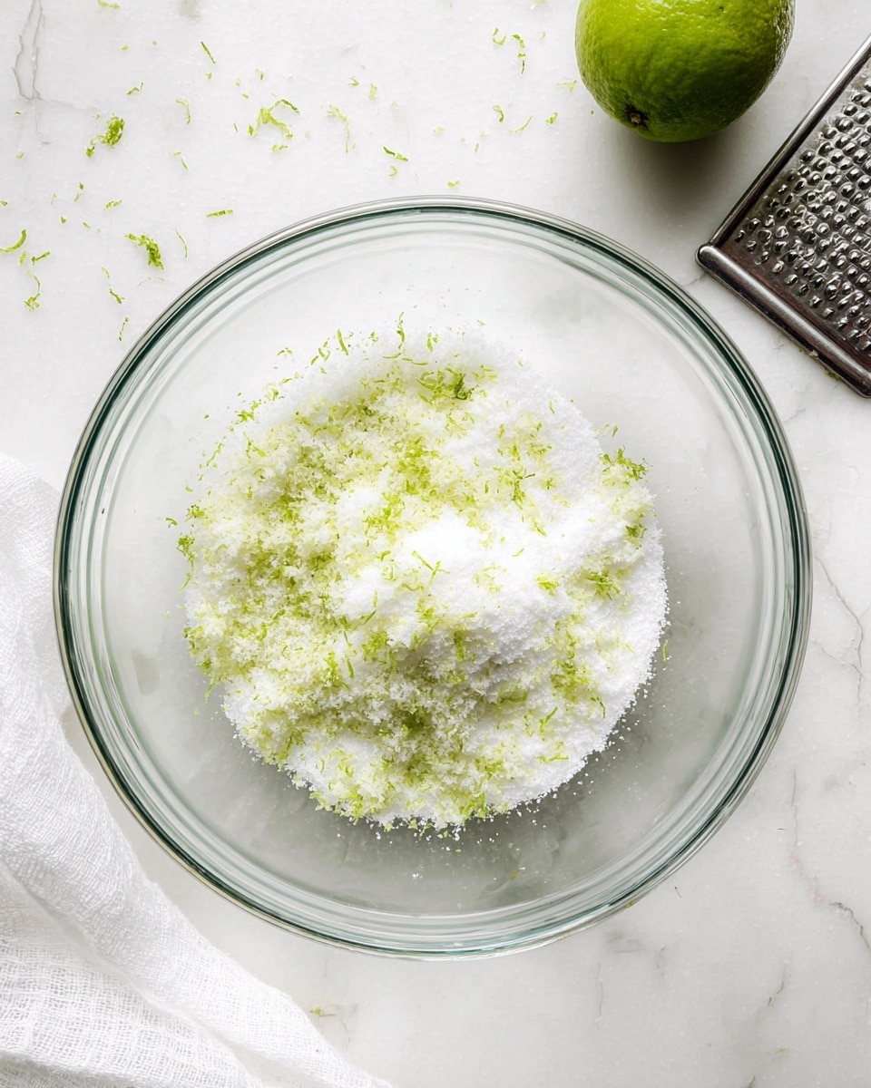 A clear glass bowl sits on a white marbled surface with a small pile of white granulated sugar mixed with green lime zest inside it. In the top right corner, there is a whole lime with some zest removed and a metal grater next to it. A white cloth is slightly visible on the bottom left side. The textures show contrast between the roughness of the zest and the fine sugar crystals. photo taken with an iphone --ar 4:5 --v 7