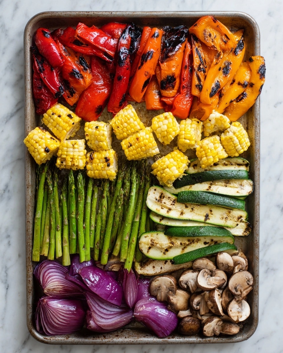 The image shows a tray of grilled vegetables arranged in layers from top to bottom. The top layer has large pieces of charred red and orange bell peppers, showing a mix of glossy red and orange with black grill marks. Below that are bright yellow corn pieces, cut into small round sections, also marked with dark grill spots. Under the corn are long green zucchini strips with clear dark grill lines. Next, there is a layer of green asparagus stalks, placed close together with light charring. Below the asparagus are thick wedges of purple-red onion, showing a soft texture with some darker grilled areas. The bottom layer is filled with light brown mushrooms, some whole and some sliced, with a slightly browned surface. The tray is on a white marbled surface. photo taken with an iphone --ar 4:5 --v 7