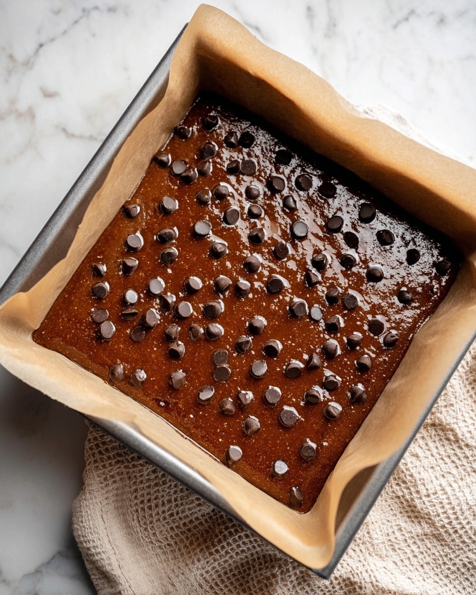 The image shows a single thick layer of chocolate chip blondie in a square dark metal baking pan lined with parchment paper on both sides, resting on a white marbled surface. The blondie has a warm golden brown color with a soft, slightly bumpy texture and is studded with many shiny dark chocolate chips across the top, some of which appear melted and glossy. Small bits of salt flakes are scattered lightly on the surface, adding a touch of contrast. A beige textured cloth sits partially visible beneath the pan. Photo taken with an iphone --ar 4:5 --v 7