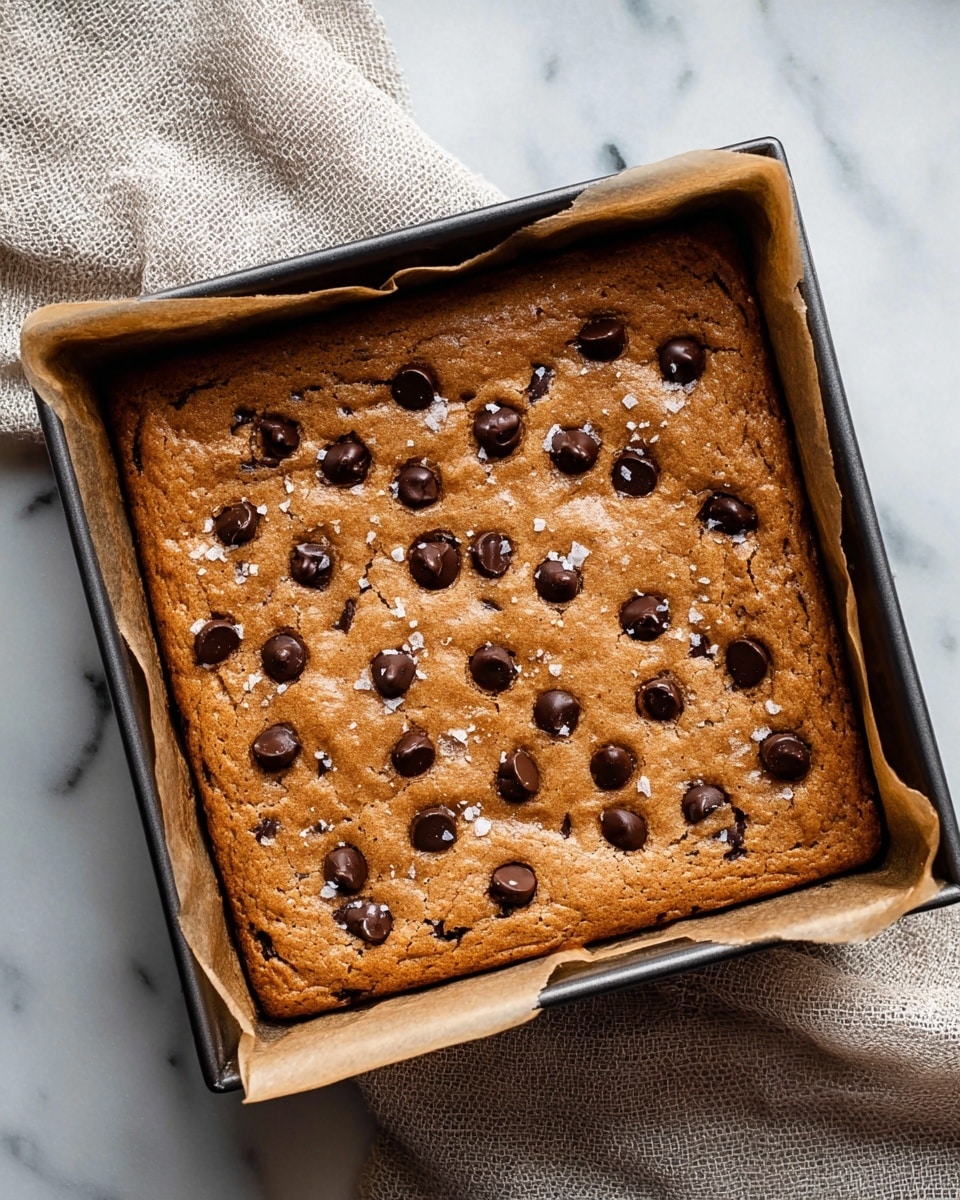A square baking pan lined with light brown parchment paper holds one layer of shiny dark brown batter, sprinkled evenly with small black chocolate chips on top. The pan is placed on a white marbled surface with a beige textured cloth nearby. The batter looks thick and smooth with some chocolate chips slightly sunk in while others rest on the surface. photo taken with an iphone --ar 4:5 --v 7