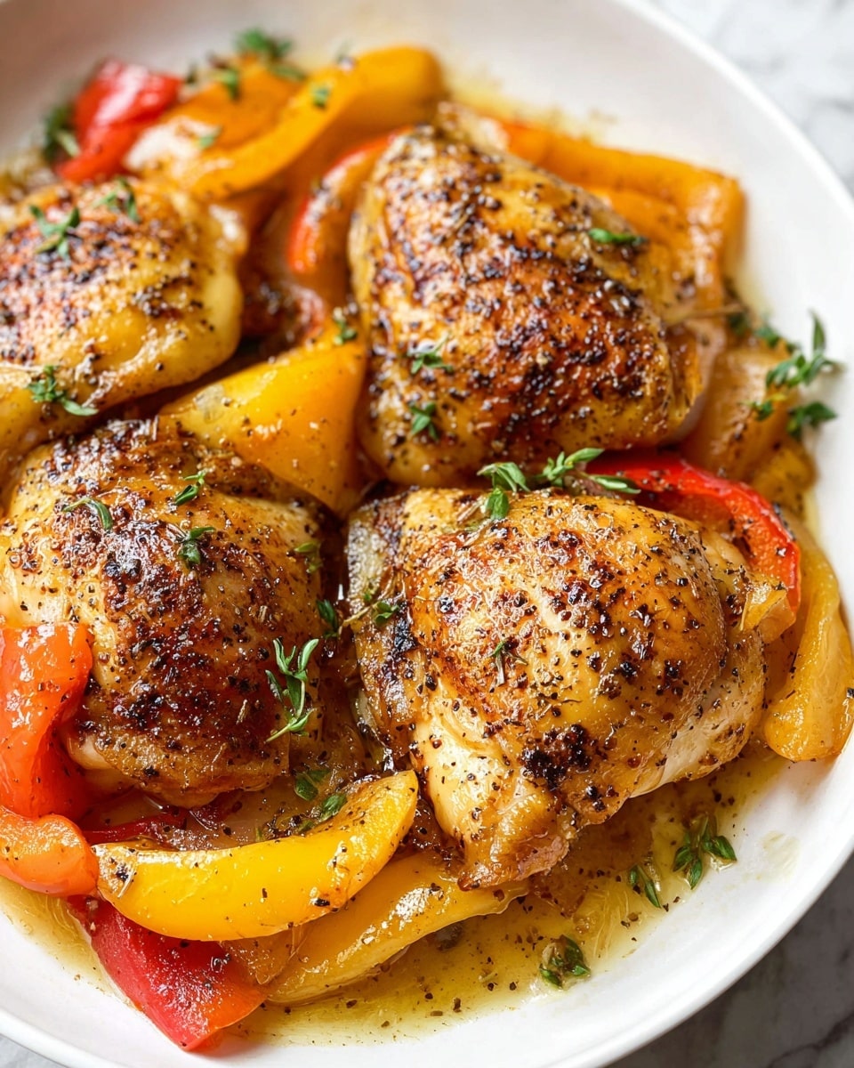 The dish shows three pieces of golden-brown cooked chicken thighs, seasoned with black pepper and herbs, placed in a white plate. Around and underneath the chicken are several soft, cooked bell pepper slices in red, orange, and yellow shades, glistening with a light sauce. Small green herb leaves are scattered over the chicken and peppers, adding texture and color contrast. The chicken has a slightly crispy look with visible grill marks and seasoning specks. The white plate is placed on a white marbled surface. photo taken with an iphone --ar 4:5 --v 7