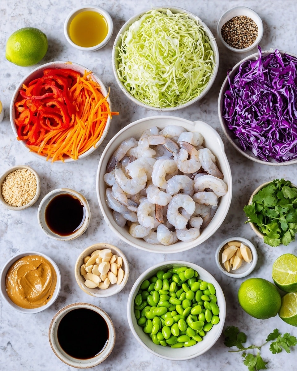 The image shows a collection of fresh and colorful ingredients arranged in white bowls and plates on a white marbled surface. In the center, there is a large bowl filled with raw shrimp, pale grey and white in color. Surrounding it, there are layers of shredded green cabbage, thin red pepper strips, shredded orange carrots, and shredded purple cabbage, each in separate bowls. A bowl of bright green edamame beans is placed near the bottom right. Small bowls and dishes contain light brown peanut butter, black and white sesame seeds, sliced almonds, minced garlic cloves, dark brown soy sauce, honey, yellow mustard sauce, and a golden dressing. Two whole limes and a small plate of cilantro leaves add vibrant green touches to the display. The overall look is fresh and ready for a colorful dish photo taken with an iphone --ar 4:5 --v 7