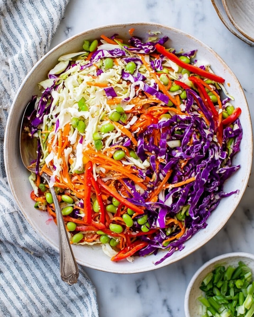 A large white bowl filled with a colorful salad made of thin layers of shredded purple cabbage, white cabbage, orange carrot strips, bright green edamame beans, and thin red bell pepper strips, all mixed together evenly. The different colors and textures contrast well, with the purple cabbage’s deep color, the white cabbage’s light layers, the carrots’ fine texture, and the smooth, round edamame beans scattered throughout. A silver spoon rests inside the bowl on the left side. The bowl sits on a white marbled surface, with a folded striped cloth nearby and a small white bowl with chopped green onions partially visible at the bottom right. Photo taken with an iphone --ar 4:5 --v 7