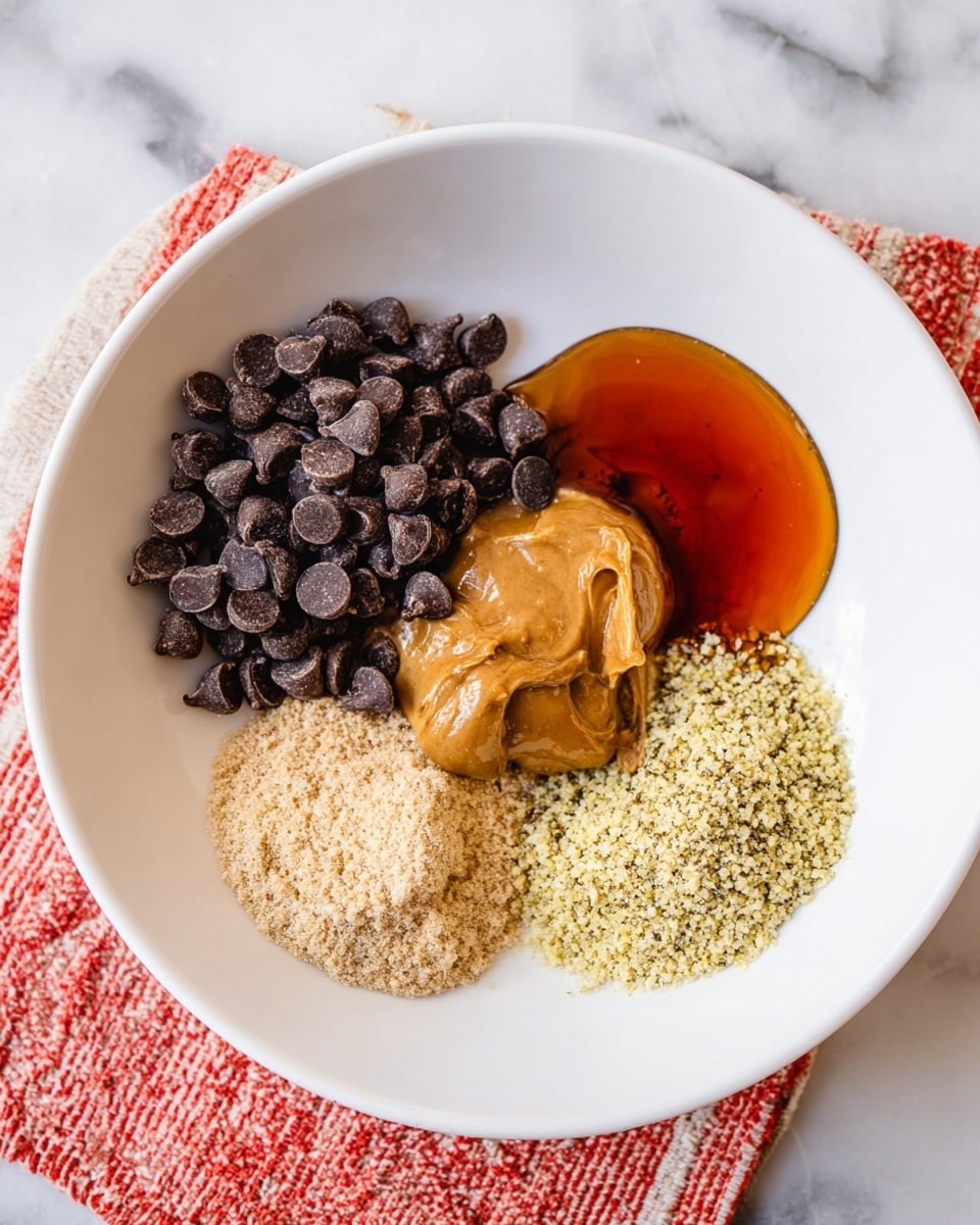 A white bowl holds five separate ingredients arranged in a rough circle against a white marbled surface with a red and white textured cloth underneath. Starting from the top left is a cluster of dark chocolate chips with a matte texture, next to them in the top right is a shiny amber liquid, around it slightly below is a smooth, light brown creamy peanut butter dollop. Below the peanut butter, there is a beige powder with a coarse texture, and to its left is a pale yellow-green grainy substance, all sitting side by side with clear boundaries. Photo taken with an iphone --ar 4:5 --v 7