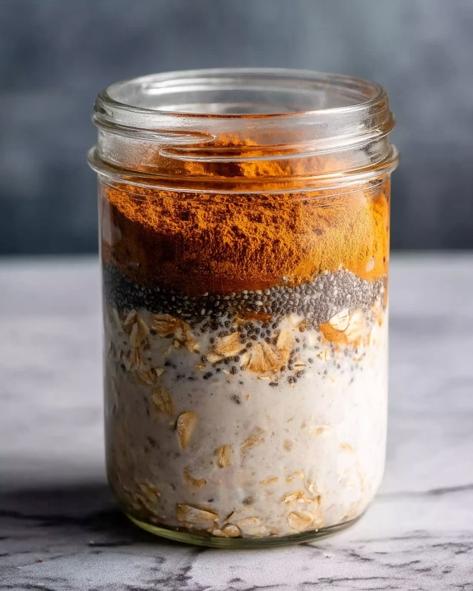 A clear glass jar filled with three visible layers of food, placed on a white marbled surface. The bottom layer is a creamy white mixture with oats, showing light brown oat flakes clearly scattered within it. The middle layer is dark brown to black, resembling chia seeds suspended in a thick liquid. The top layer is a fine, textured orange-brown powder, evenly spread across the top of the jar. The jar has no lid, and the background is blurred with gray shades. Photo taken with an iphone --ar 4:5 --v 7