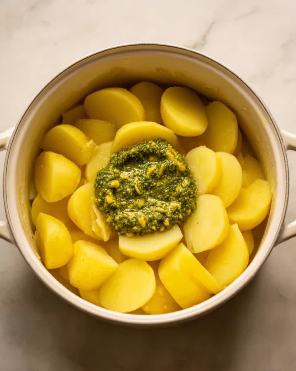 A white pot filled with a layer of yellow potato pieces, roughly chopped and arranged in a circle, with a green pesto sauce dolloped in the center. The potatoes have a smooth and slightly shiny surface. The pot is set against a white marbled background. photo taken with an iphone --ar 4:5 --v 7