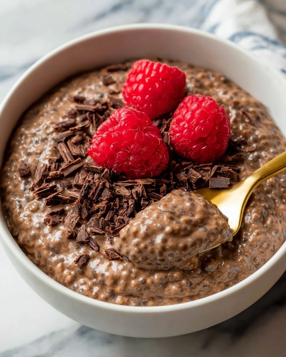 A white bowl filled with thick, creamy chocolate chia pudding with a textured, slightly bumpy surface. On the top, there are three fresh bright red raspberries placed close together, surrounded by curled dark brown chocolate shavings and small sprinkles of grated chocolate. A golden spoon is partially dipped into the pudding on the right side, lifting a small spoonful. The bowl is set on a white marbled surface. Photo taken with an iphone --ar 4:5 --v 7