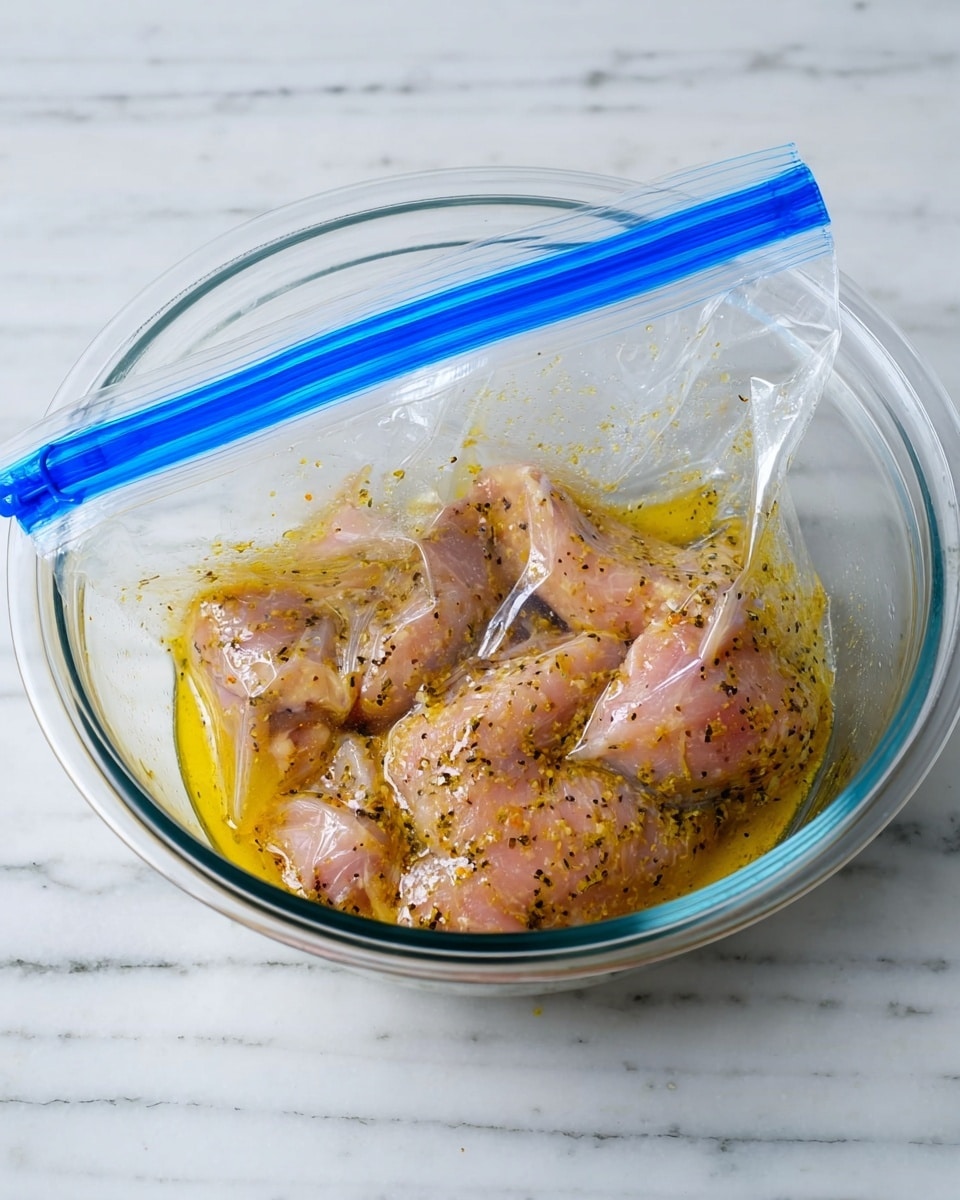 A clear plastic zipper bag with a blue top is placed inside a transparent glass bowl on a white marbled surface. Inside the bag, there are raw pink chicken pieces covered in a yellowish marinade with visible herbs and black specks, creating a textured appearance. The bag is open and slightly folded back at the top, showing the marinade soaking the chicken clearly. The glass bowl beneath reflects light softly, and the white marbled background adds a clean, bright look to the scene photo taken with an iphone --ar 4:5 --v 7