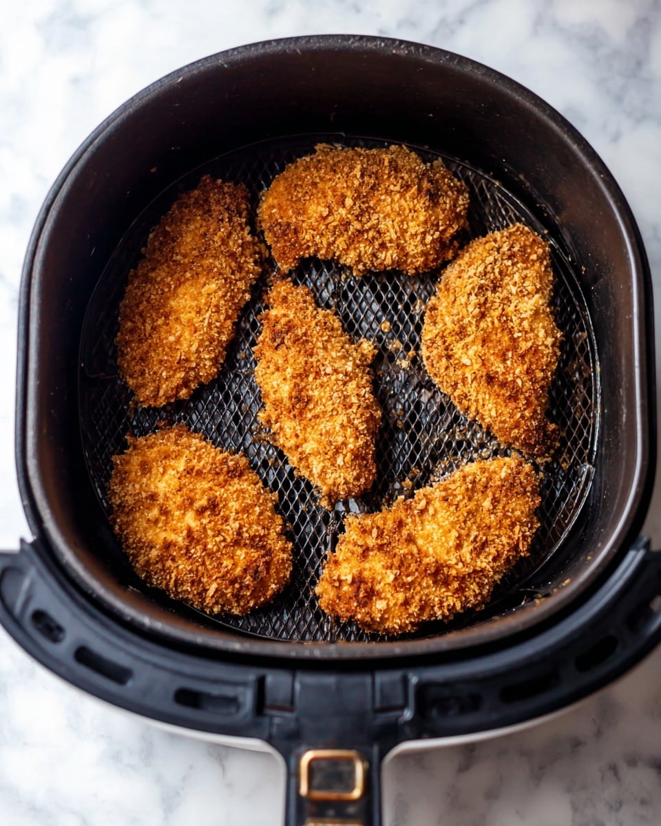Inside a black air fryer basket, there are six pieces of breaded chicken placed evenly on the round perforated tray. Each piece has a thick, crunchy brown coating with a rough texture. The air fryer basket is set on a white marbled surface. The photo taken with an iphone --ar 4:5 --v 7