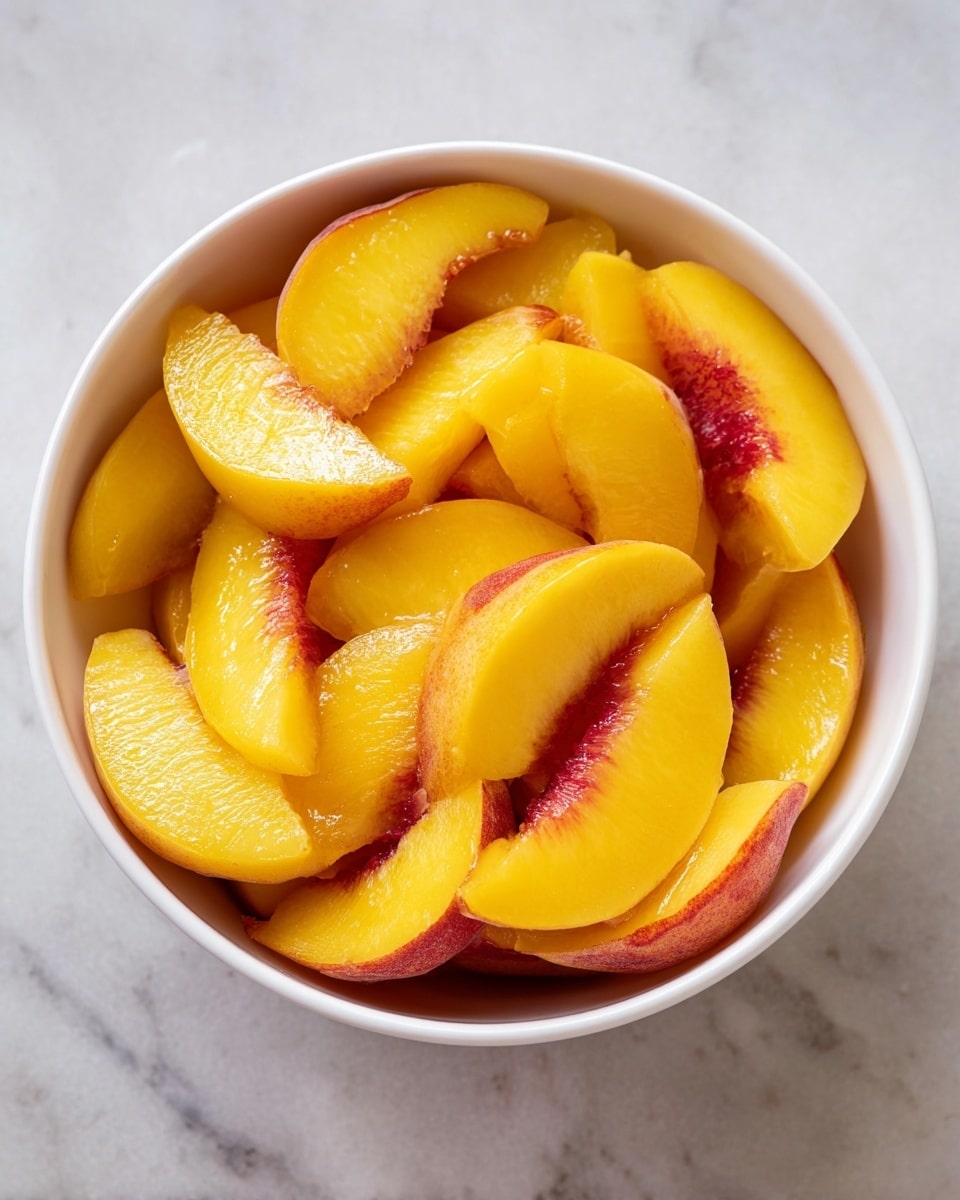 A white bowl is filled with many slices of bright yellow peaches with some red areas near the skin. The peach slices are layered unevenly, filling the bowl up to the top. The texture of the peach slices looks juicy and smooth, with light reflecting off them. The bowl is placed on a white marbled surface. photo taken with an iphone --ar 4:5 --v 7