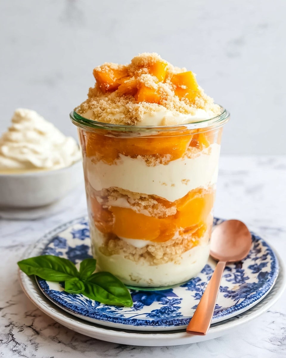 A clear glass jar filled with five layers: the bottom layer is a white crumbly base, followed by a thick bright orange fruit layer, then a creamy smooth white layer, a second bright orange fruit layer, and on top a thick white cream layer with chunks of golden peach pieces covered by light beige crumb topping. The jar is placed on a white plate with a blue floral patterned white plate on top, and a rose gold spoon rests beside the jar. A small green basil leaf is beside the jar on the blue plate, all set on a white marbled surface with a soft blurred white background and a white bowl of cream in the back photo taken with an iphone --ar 4:5 --v 7