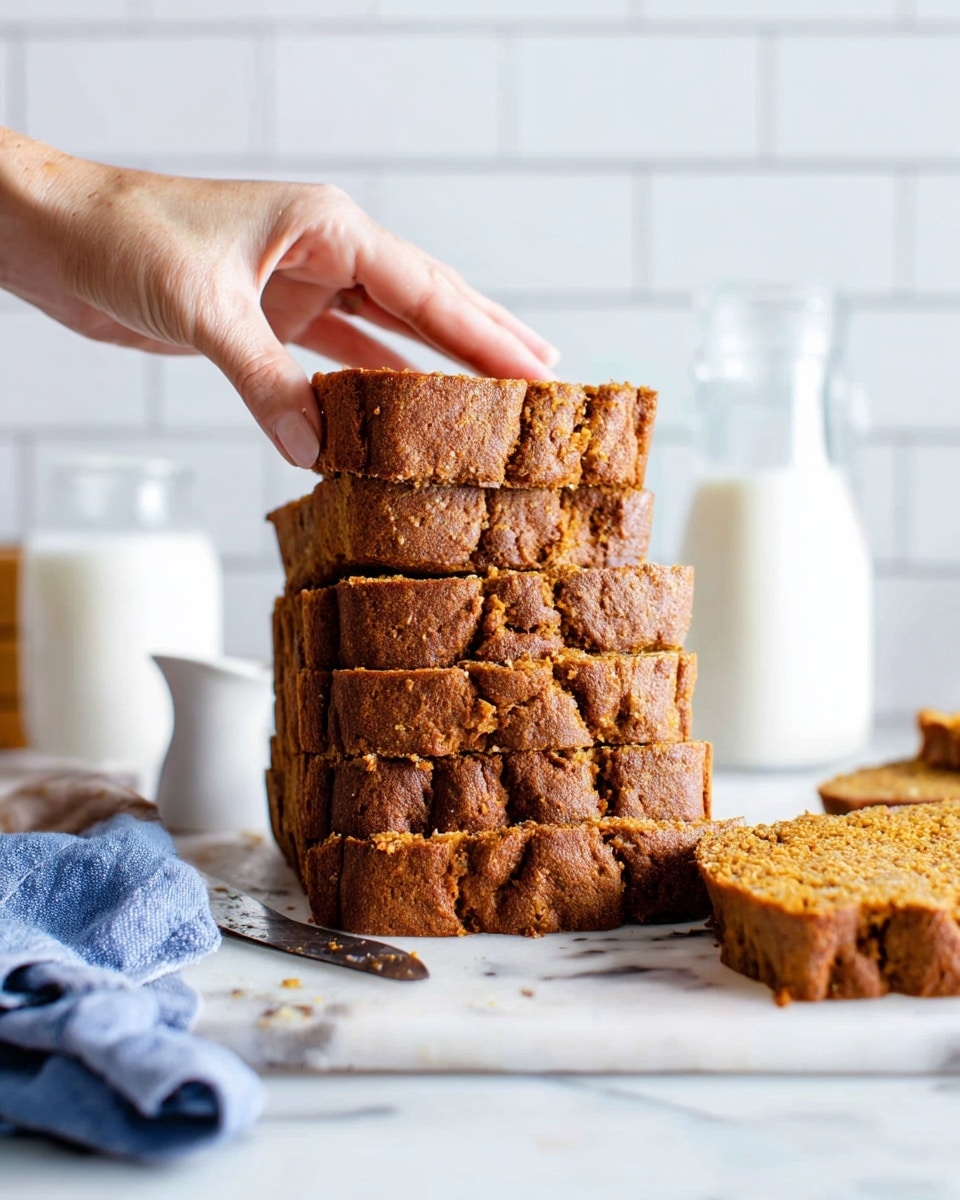 A stack of seven thick slices of brown bread with a rough texture is centered on a white marbled surface, with a woman's hand lifting the top slice. Behind the stack, two more slices lean against each other, showing the dense and slightly crumbly inside. A blue cloth and a knife lie to the left on the surface, while in the blurred background, there is a clear glass milk bottle, a small white pitcher, and a glass of milk. The overall setting is bright and clean, with white tiled walls in the back. Photo taken with an iphone --ar 4:5 --v 7