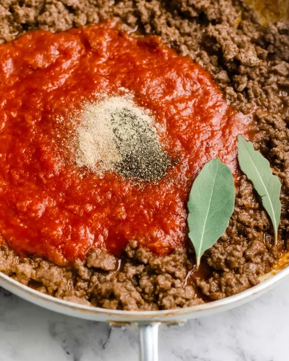 The image shows a close-up of a white pan filled with cooked ground beef that has a brown, slightly crumbly texture, covering most of the pan. On top of the beef, there is a bright red layer of thick tomato sauce spread in the center. A small pile of ground black pepper is sprinkled on the tomato sauce in the middle. Two small green bay leaves rest on the right side of the tomato sauce, adding some color contrast. The pan is set on a white marbled surface. Photo taken with an iphone --ar 4:5 --v 7