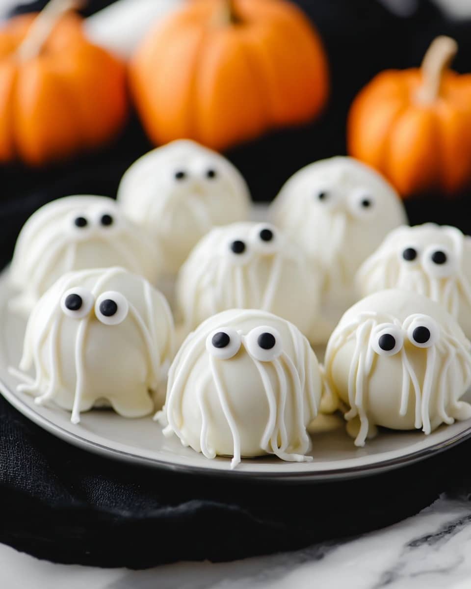 A black plate with a white rim holds about a dozen small round treats, each coated in white icing with thin white icing lines wrapped loosely around like webbing. Each treat has two small black and white candy eyes on the top, creating a cute spider look. One treat is broken open near the center, showing a crumbly light brown inside with a smooth white coating beneath the icing lines. The plate sits on a surface with a white marbled texture, and the image focuses closely on the details of the treats, showing their texture clearly. Photo taken with an iphone --ar 4:5 --v 7