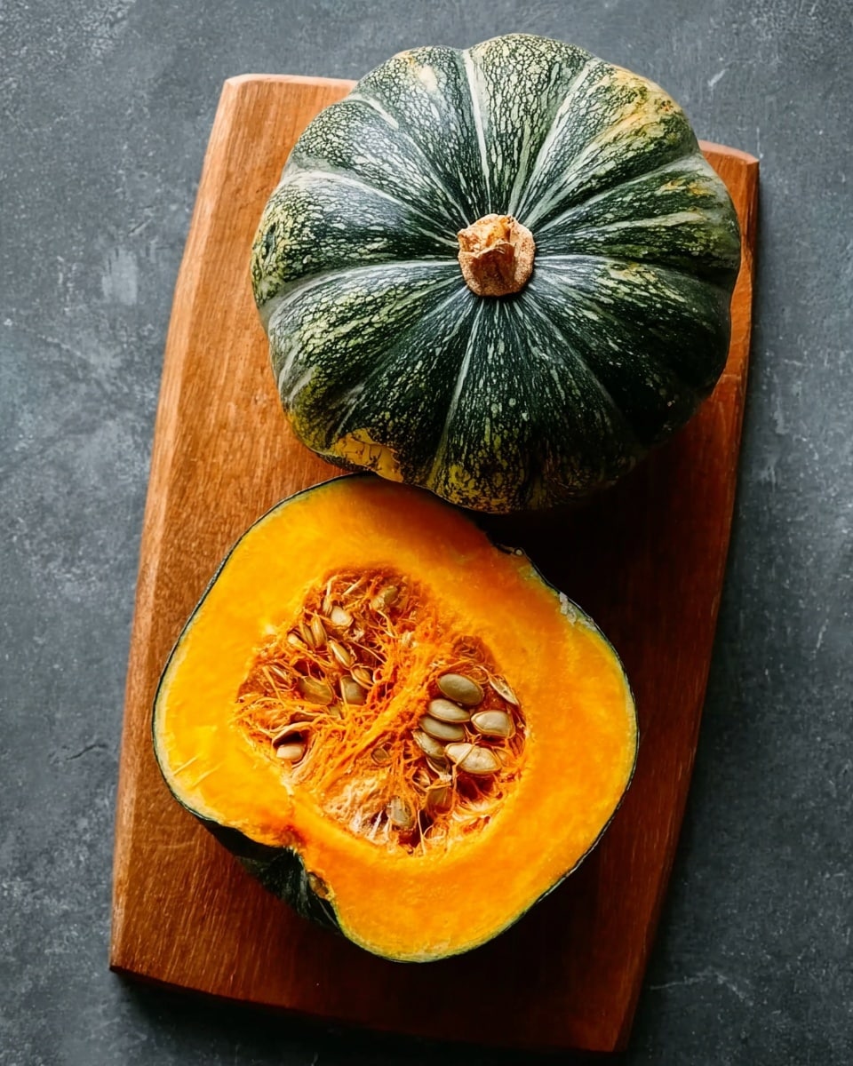 A white marbled surface holds a brown wooden board on which a green pumpkin with light green stripes is placed. The pumpkin is cut into two parts, showing bright orange flesh with a rough texture inside. The top half displays a cluster of seeds in the center, surrounded by fibrous strands. The bottom half lies flat, showing the smooth, vibrant orange inside. The outer skin of the pumpkin is dark green with a rough texture. Photo taken with an iphone --ar 4:5 --v 7
