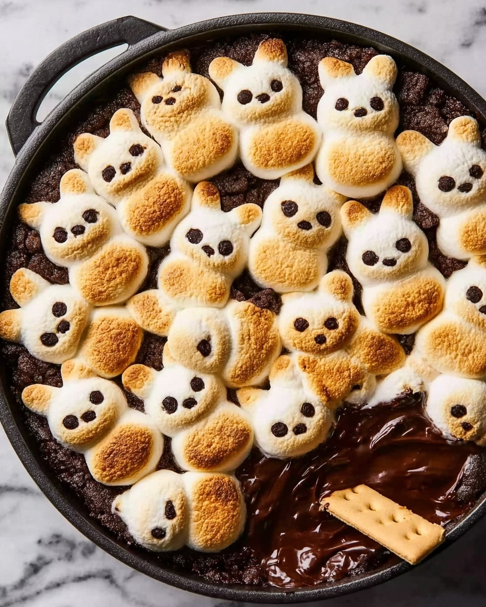 A black pan holds a layer of toasted marshmallows, browned on top and soft, partially melted, with small groups of dark chocolate chips scattered on each marshmallow. A woman's hand is scooping a piece of the warm marshmallow and chocolate mix with a white and brown graham cracker, showing the thick, melted chocolate layer beneath the marshmallows. Around the pan on a white marbled surface, there are several whole and broken graham crackers, wrapped candy, and chocolate pieces. Photo taken with an iphone --ar 4:5 --v 7