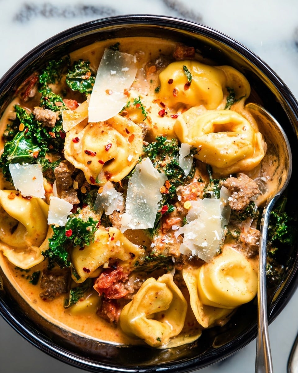 A large black pot filled with a creamy orange soup showing several folded yellow pasta pieces floating on top, mixed with small bits of cooked ground meat and bright green leafy kale scattered evenly throughout. A large gold spoon is partially inside the pot on the right side, resting on a white marbled surface with a blue and white striped cloth beside it. The soup looks rich and smooth, with some red pepper flakes sprinkled lightly on the top. Photo taken with an iphone --ar 4:5 --v 7