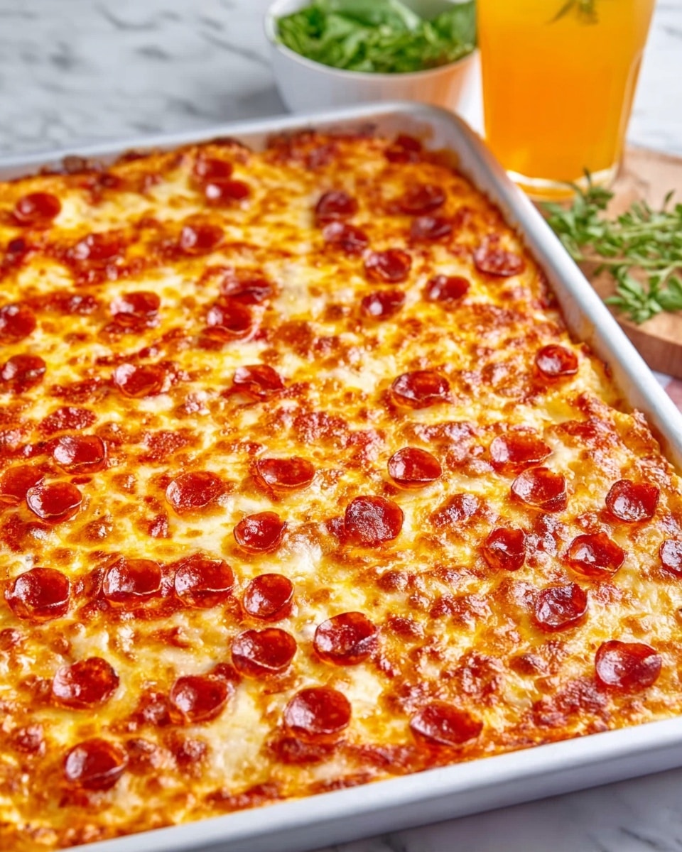 A large rectangular white tray filled with a baked dish showing a thick top layer of melted golden-brown cheese with small, round pepperoni slices evenly spread across it. The cheese layer is glossy with some browned spots, and the pepperoni appears slightly crispy around the edges. The tray is placed on a white marbled surface with a blurred background showing a glass filled with an orange drink, green herbs, and a small white bowl, adding a fresh feel to the scene. Photo taken with an iphone --ar 4:5 --v 7
