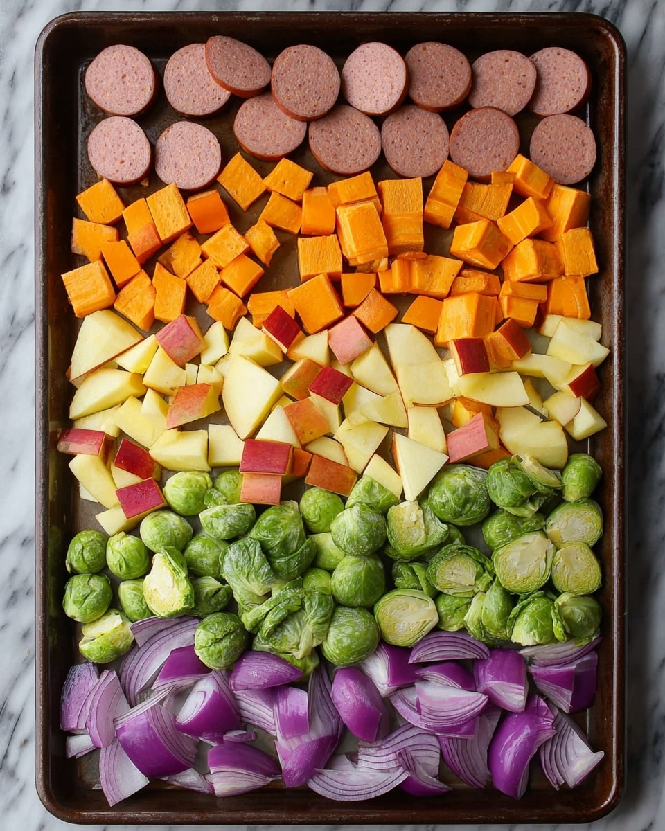 The image shows a baking tray filled with five neat layers of chopped food arranged horizontally. At the top are round slices of brown sausage with a smooth texture. Below the sausage are small orange cubes of sweet potato, rough and uneven. The middle layer has pale yellow and red chunks of apple with smooth skin. Under the apple pieces is a layer of bright green Brussels sprouts, some halved showing their layered inner leaves. The bottom layer includes purple-red chunks of red onion with visible layers and a slightly shiny surface. The tray sits on a white marbled surface. Photo taken with an iphone --ar 4:5 --v 7