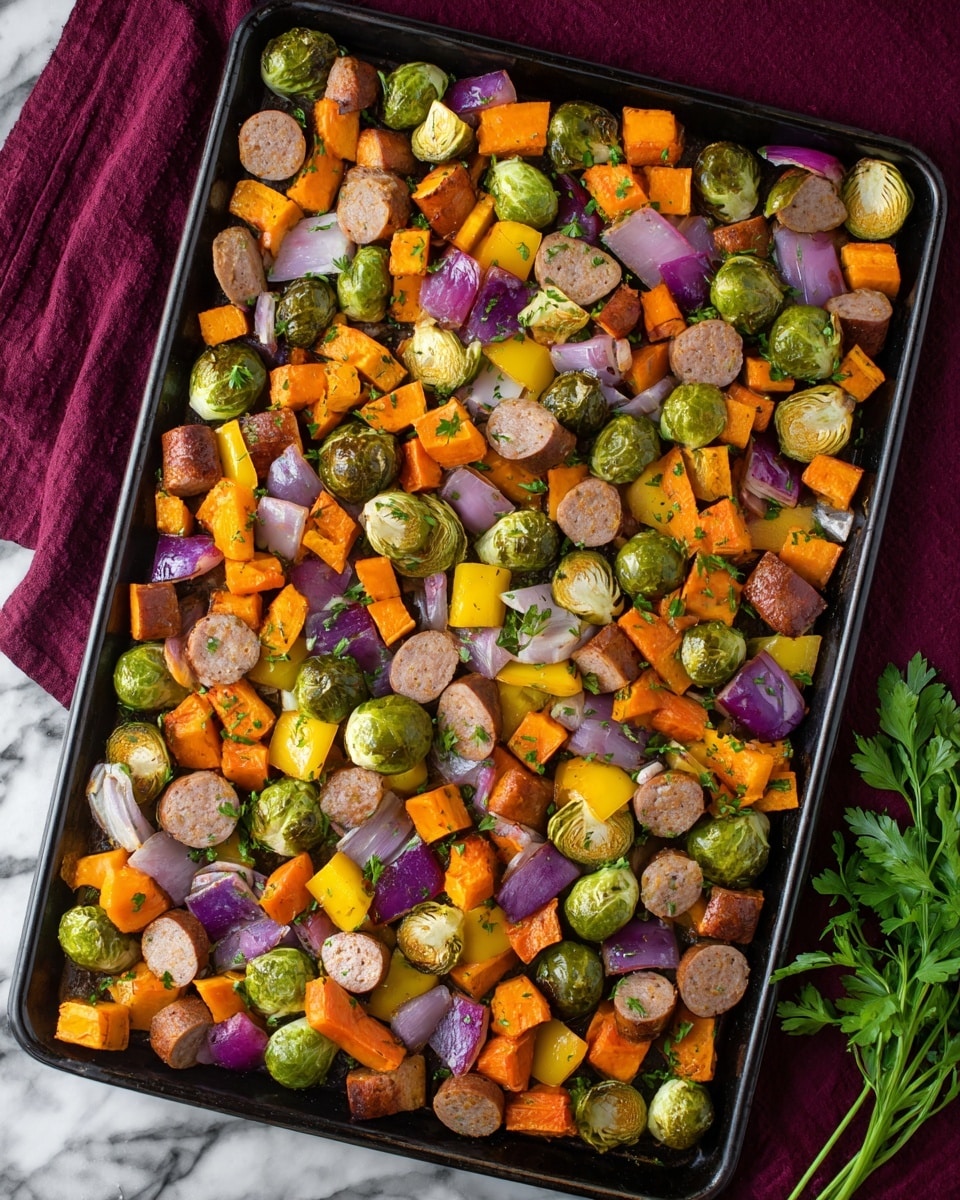A black baking tray filled with one layer of colorful roasted foods including green whole and halved Brussels sprouts, bright orange cubed sweet potatoes, red onion pieces with purple skin and light inside, yellow and orange bell pepper chunks, and round slices of browned sausage. The food is sprinkled with small green herb pieces, and a few sprigs of fresh parsley lie on the edge of the tray. The tray rests on a white marbled surface with a folded dark red cloth at the top right corner. Photo taken with an iphone --ar 4:5 --v 7
