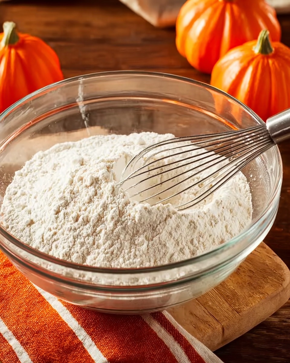 A clear glass bowl filled with white flour that has a soft, powdery texture, slightly piled in the center, with a metal whisk resting on the right side inside the bowl. The bowl is placed on a brown wooden surface with two bright orange pumpkin-shaped containers in the background, along with an orange cloth with white stripes partially visible. The setting is bright and warm. photo taken with an iphone --ar 4:5 --v 7
