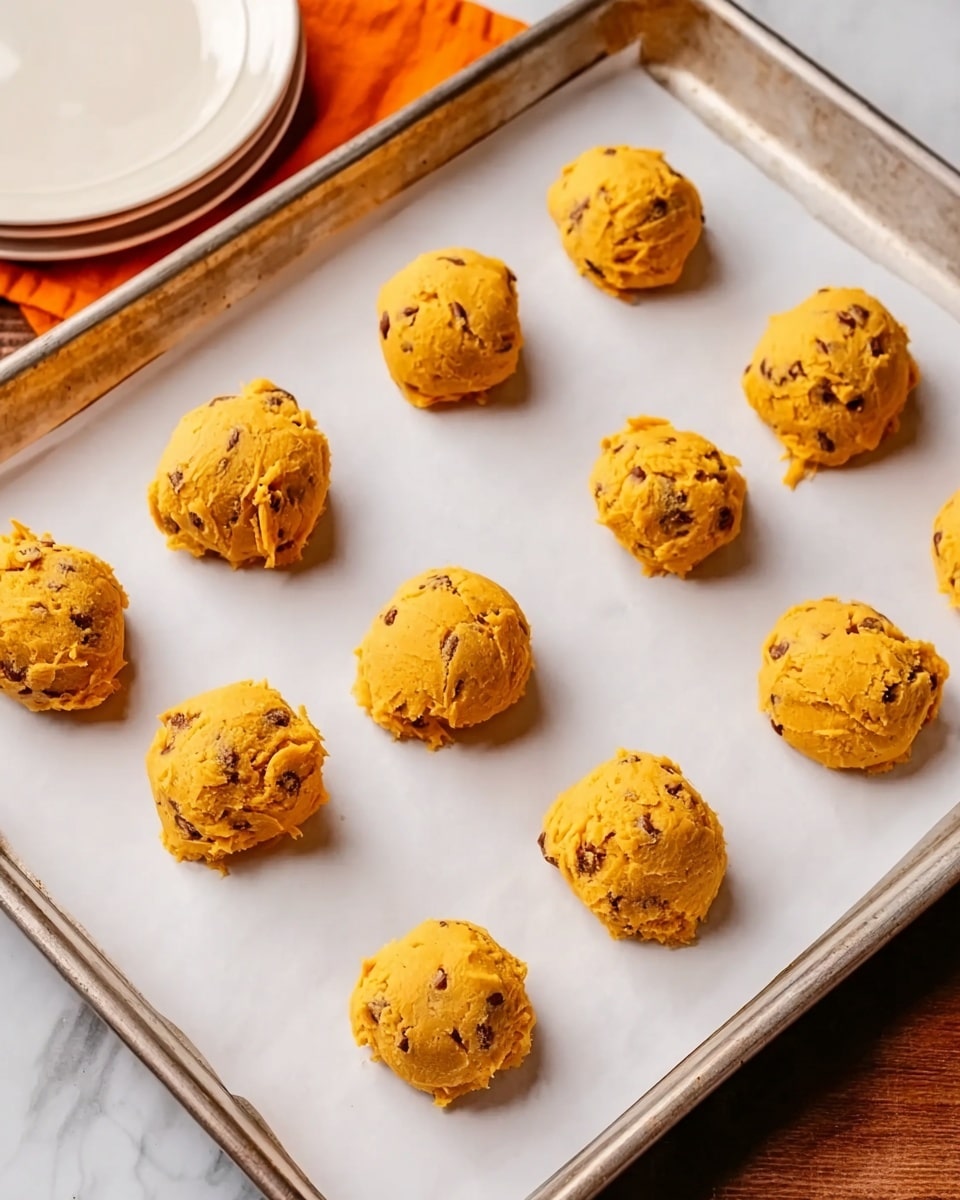 There is a metal baking tray with white parchment paper holding twelve scoops of orange cookie dough with small dark spots, evenly spaced. The dough looks soft and sticky, with each scoop rounded but slightly uneven, showing texture from mixing. The background includes a white marbled surface and part of a white plate with an orange napkin nearby. Photo taken with an iphone --ar 4:5 --v 7