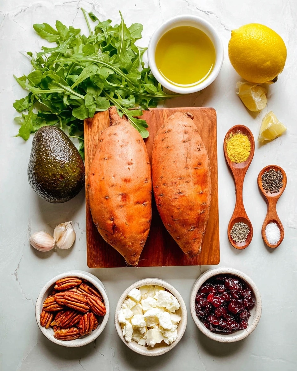 The image shows two orange sweet potatoes placed side by side on a small wooden board in the center, surrounded by fresh green arugula leaves to the left and a whole dark brown avocado below them. Above the sweet potatoes, there is a white bowl filled with golden olive oil and next to it half a lemon pointing right. To the right side of the sweet potatoes, there are three wooden spoons lined up vertically, from top to bottom holding yellow mustard, black pepper, and white salt with a small garlic clove nearby. Below the sweet potatoes, three small white speckled bowls are arranged horizontally, containing brown pecans on the left, white crumbled cheese in the middle, and dark dried cranberries on the right. The whole arrangement is set on a white marbled textured surface. Photo taken with an iphone --ar 4:5 --v 7