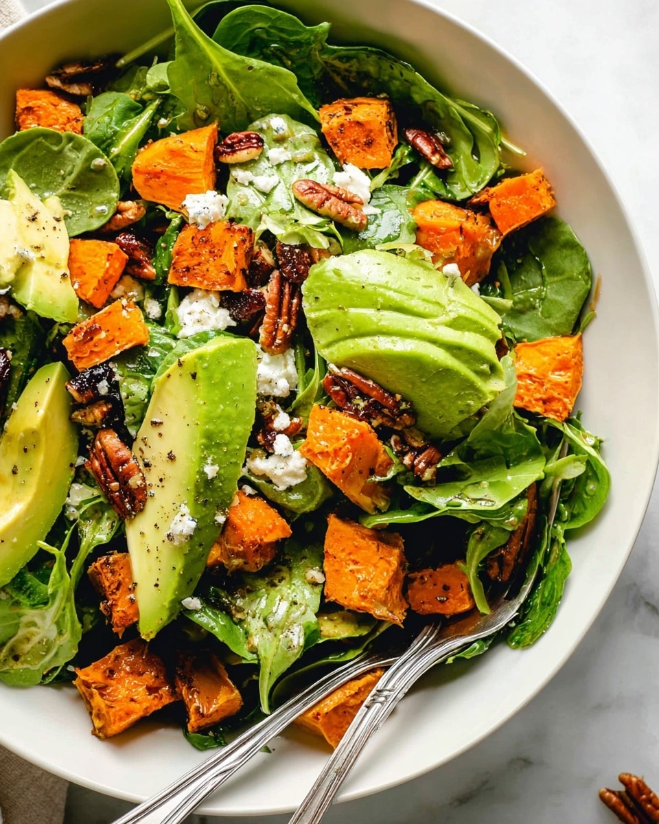 A fresh salad in a white bowl on a white marbled surface, layered with bright green spinach and arugula leaves as the base, topped with chunky orange roasted sweet potato pieces scattered throughout. There are pale green slices of avocado layered on top along with small crumbles of white cheese spread across the salad. Dark brown pecan nuts and small dark dried fruit pieces add texture and contrast. The salad is lightly sprinkled with black pepper and has a shiny light dressing coating the leaves. A silver spoon and fork rest inside the bowl on the left side, with a small part of a woman's hand holding the spoon barely visible. Photo taken with an iphone --ar 4:5 --v 7