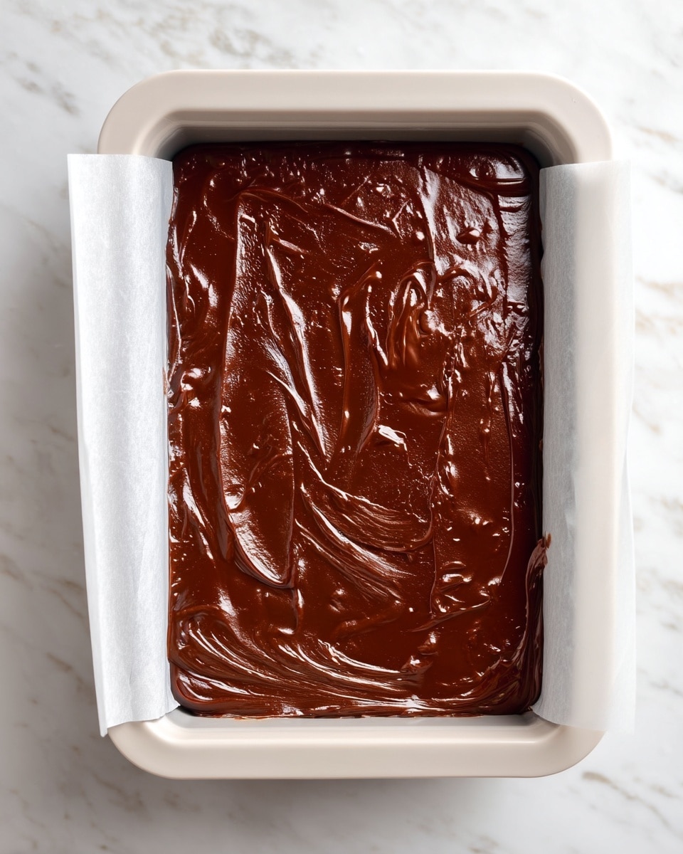 The image shows a rectangular baking pan lined with white parchment paper, filled with a smooth, thick layer of dark brown chocolate batter. The batter surface is slightly textured with soft ridges and swirls, covering the entire pan evenly. The pan sits on a white marbled surface. Photo taken with an iphone --ar 4:5 --v 7