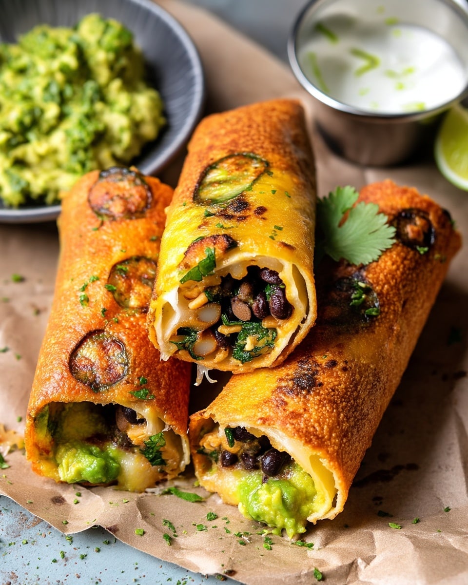 This image shows a close-up of three crispy golden brown rolled wraps, with two wrapped whole and one half showing its inside layers. The wraps have a crunchy outer layer with some darker toasted spots. Inside, there is a layer of vibrant green guacamole, pieces of black beans, melted light yellow cheese, and finely chopped green herbs visible. The wraps are placed on a slightly crumpled light brown paper on a flat surface. To the side, there is a black bowl with chunky mashed green guacamole and a silver fork. Also seen is a white cup with a light creamy sauce topped with small green bits, and a wedge of lime with a slice removed. Photo taken with an iphone --ar 4:5 --v 7