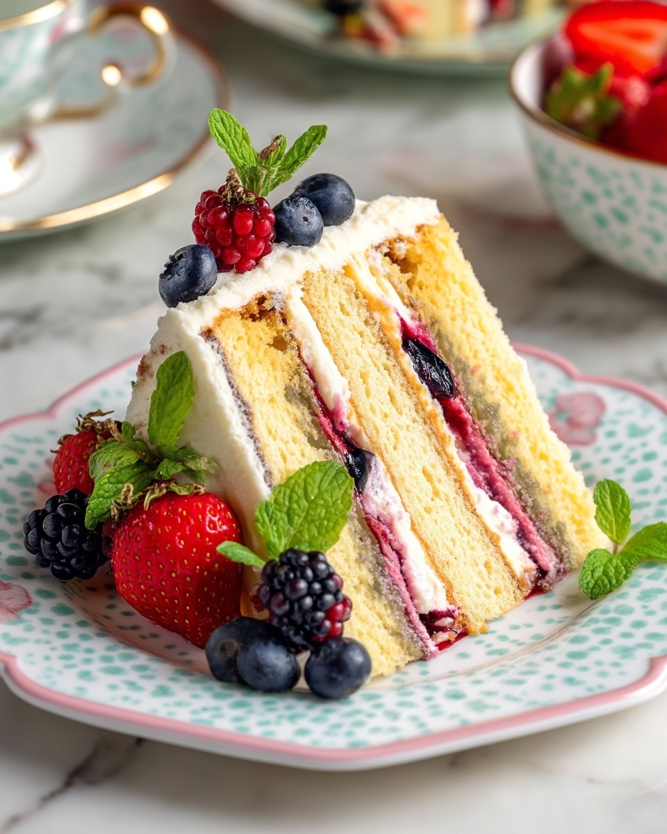 A slice of layered vanilla cake on a white plate with a blue and pink pattern around the edge, on a white marbled surface. The cake has four layers: three thick light yellow cake layers and two white cream layers in between, with dark red berry filling mixed into the cream. The bottom edge of the slice is decorated with fresh fruit pieces, including a whole blackberry, a blueberry half, whole and halved strawberries with green tops, a small red berry, and fresh green mint leaves. The background has a blurred bowl, and the scene is softly lit. photo taken with an iphone --ar 4:5 --v 7