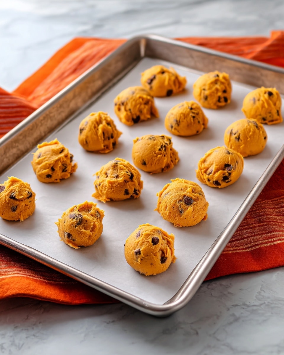 The image shows a metallic baking tray lined with white parchment paper, holding twelve evenly spaced scoops of orange cookie dough with visible chocolate chips inside. Each scoop is rounded and placed separately on the tray, ready to be baked. The tray is on a white marbled surface with an orange cloth in the background. The overall scene has a casual kitchen feel with warm, soft lighting photo taken with an iphone --ar 4:5 --v 7
