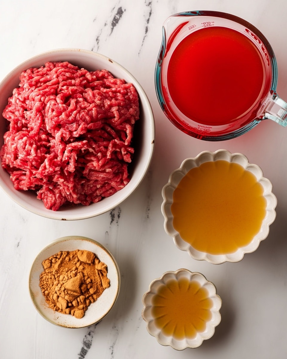 The image shows four separate containers placed on a white marbled surface. On the left, there is one white bowl filled with fresh, bright red raw ground meat with a soft texture. To the right and slightly above, there is a clear glass measuring cup filled with a smooth, bright red liquid. Below the measuring cup, slightly to the left, is a small white bowl holding a pile of light brown powdered spice with a fine texture. Next to the spice bowl, on the right, is a small white floral-shaped bowl filled with a clear golden yellow liquid. photo taken with an iphone --ar 4:5 --v 7
