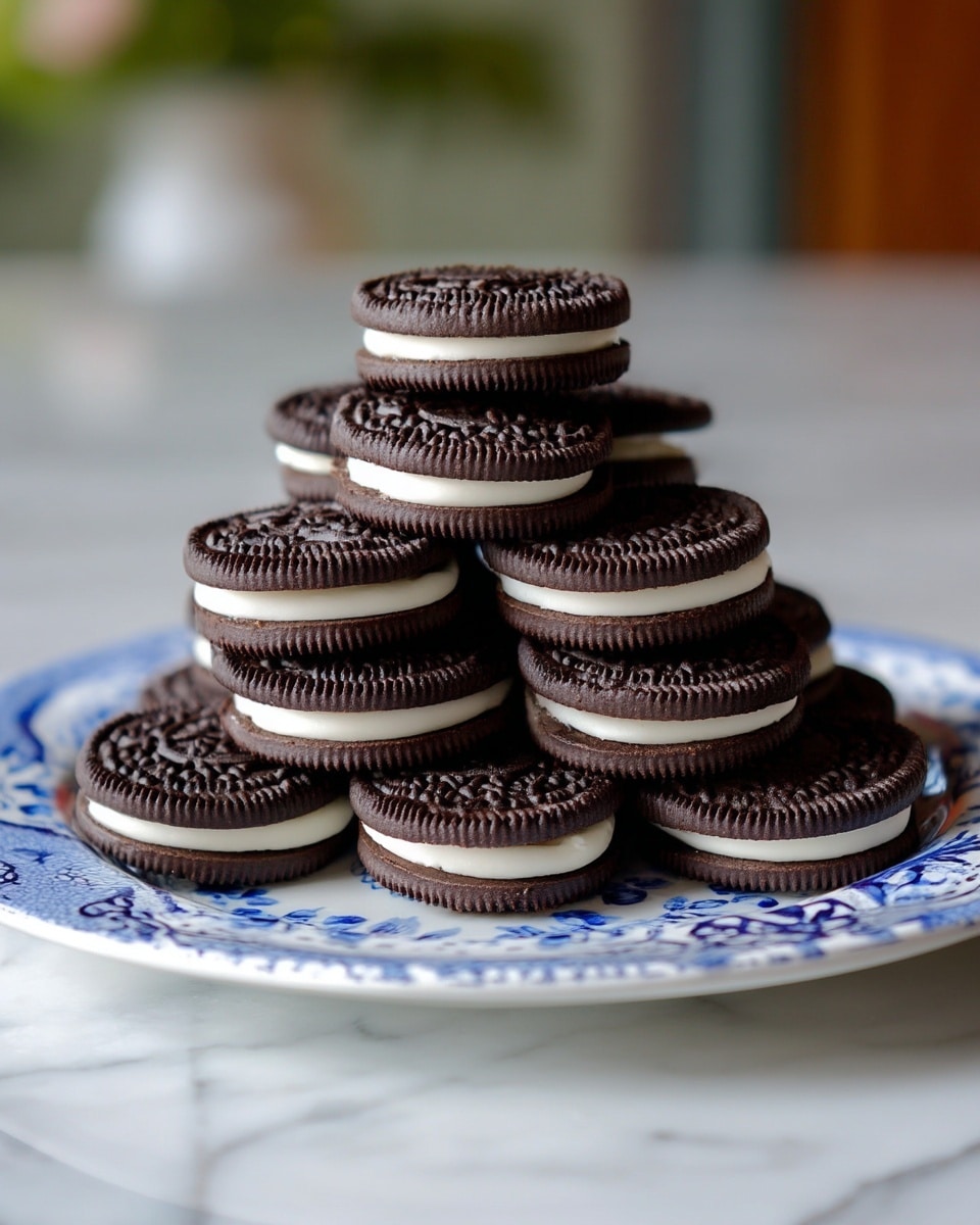 A white plate with blue floral patterns holds a pyramid-shaped stack of sandwich cookies. Each cookie has two dark chocolate outer layers with a smooth white cream center. The cookies are neatly stacked in multiple layers, forming a triangular pile. The plate sits on a white marbled surface with a soft blurred background. The lighting is natural and soft, highlighting the textures of the cookies. Photo taken with an iphone --ar 4:5 --v 7