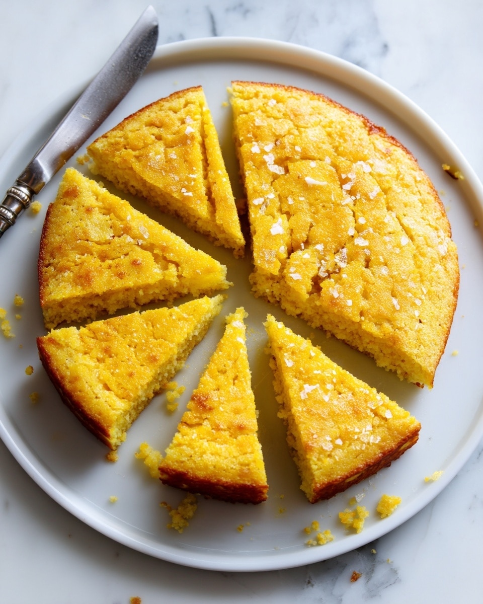 A round yellow cornbread with a slightly rough texture is shown on a white plate, placed on a white marbled surface. The cornbread is sliced into long, narrow strips starting from the edge to the center, with one strip separated on the left side. The edges of the cornbread are slightly browned. There is a knife with a shiny metal blade lying next to the plate on the right side. A few small crumbs are scattered around the plate. Photo taken with an iphone --ar 4:5 --v 7