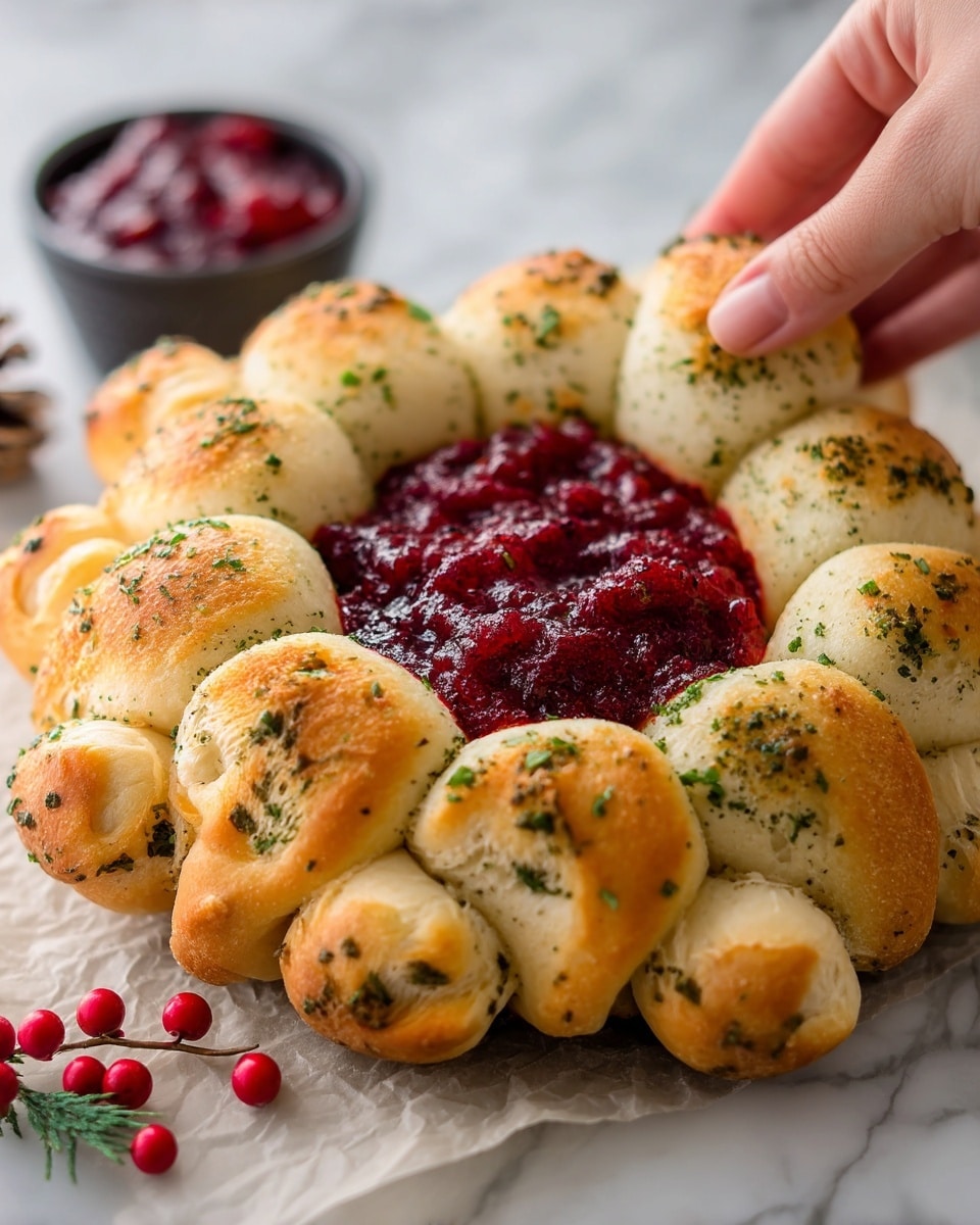 The image shows a round baked bread with individual small rolls forming a ring around a bright red berry filling in the center. The bread rolls are golden brown with a soft texture and sprinkled with green herbs on top. The berry filling is chunky, glossy, and vibrant, contrasting with the warm, light tan color of the bread. The whole bread is placed on parchment paper over a white marbled surface, with some red berries and pine cones nearby. A woman's hand is lightly touching the edge of the bread. Photo taken with an iphone --ar 4:5 --v 7