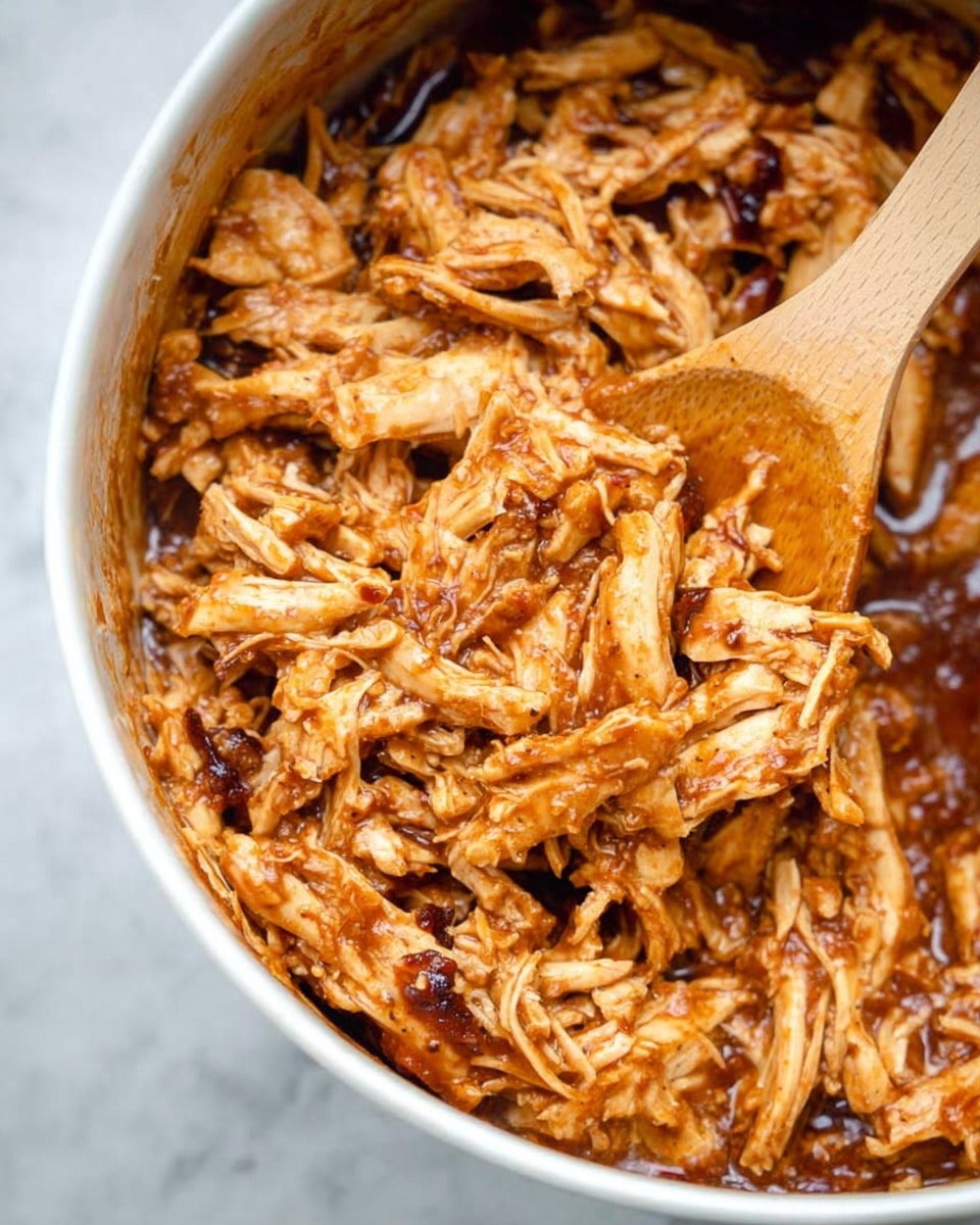 The image shows shredded chicken mixed with a thick, rich brown sauce in a white bowl. The shredded pieces are moist, with a glossy texture from the sauce coating them well, and some darker bits scattered throughout. A wooden spoon is partially dipped into the mixture, lifting some of the saucy, shredded chicken. The background features a white marbled surface that adds a clean, simple setting to the close-up shot. Photo taken with an iphone --ar 4:5 --v 7
