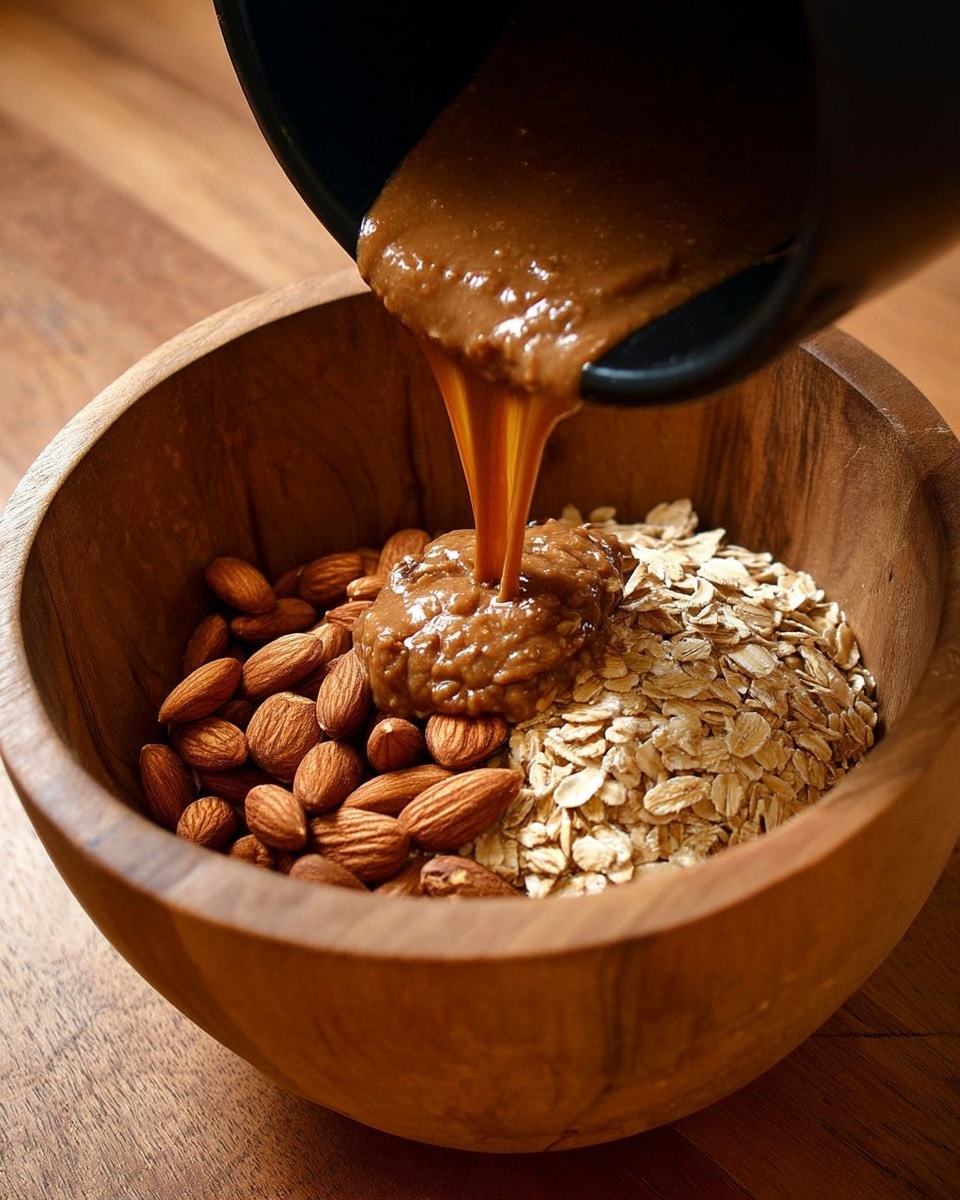 A wooden bowl filled with three main layers: a bottom layer of whole almonds in light brown, a middle layer of golden rolled oats, and a top layer of sticky brown paste being poured from a black container. The paste has a smooth, thick texture and falls gently over the oats and almonds. The bowl is placed on a wooden surface. photo taken with an iphone --ar 4:5 --v 7