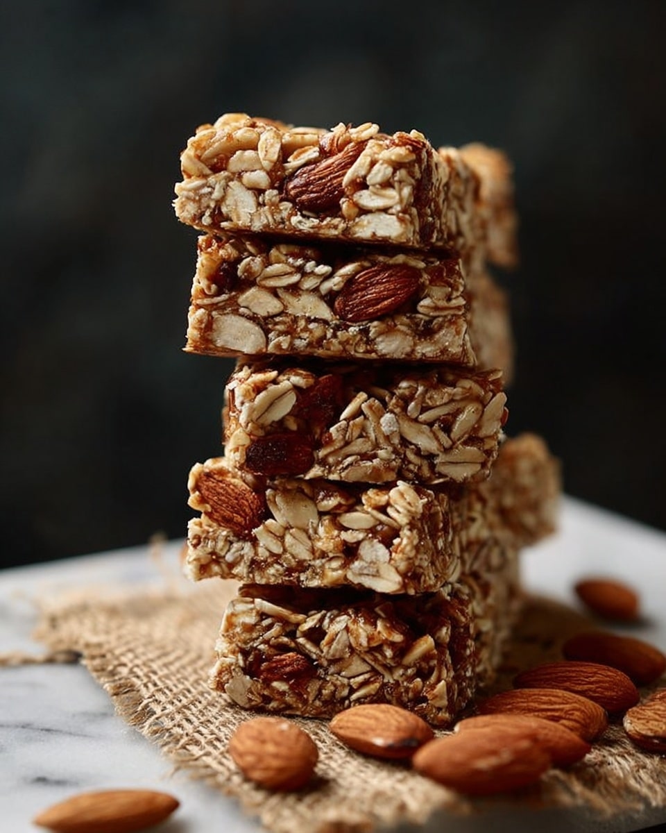 The image shows a stack of four granola bars arranged vertically, leaning slightly to the side. Each bar is made of several layers of oats and whole almonds, packed tightly together. The oats have a light tan color with a rough texture, while the almonds are a rich brown and smooth. The granola bars rest on a small piece of burlap cloth set on a white marbled surface. Loose almonds and oats are scattered around the stack, and the background is dark and softly blurred. photo taken with an iphone --ar 4:5 --v 7
