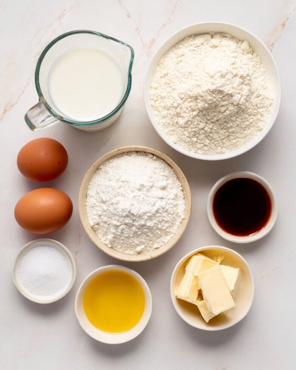 The image shows a clean arrangement of seven baking ingredients on a white marbled surface. On the right, there is a large white bowl filled with light beige flour, next to a glass measuring cup holding white milk. In front of these, a small beige ceramic bowl contains a mound of white powdered ingredient. Two brown eggs rest side by side near the center. Around the eggs, three small white bowls hold different ingredients: one with white granulated sugar, one with dark brown liquid, and one with melted yellow butter. The setup is simple and organized, showing each ingredient clearly. Photo taken with an iphone --ar 4:5 --v 7