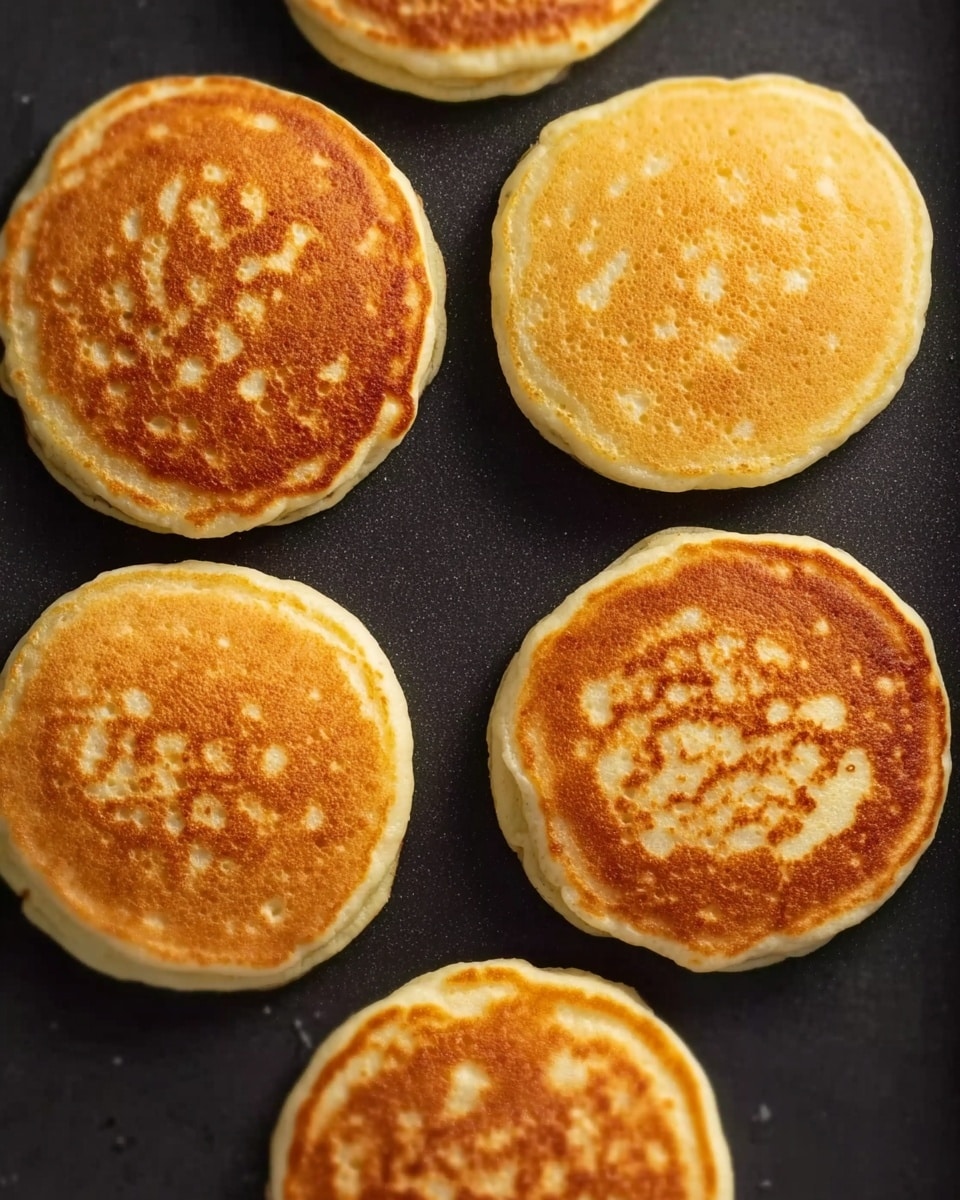 This image shows six round pancakes with a golden-brown color cooking on a dark pan. Each pancake is evenly cooked with small bubbles and light spots on the surface, showing a soft and fluffy texture. The pancakes are arranged in two rows of three, covering most of the pan’s surface. The edges of the pancakes are slightly curved, and their size is consistent. Photo taken with an iphone --ar 4:5 --v 7