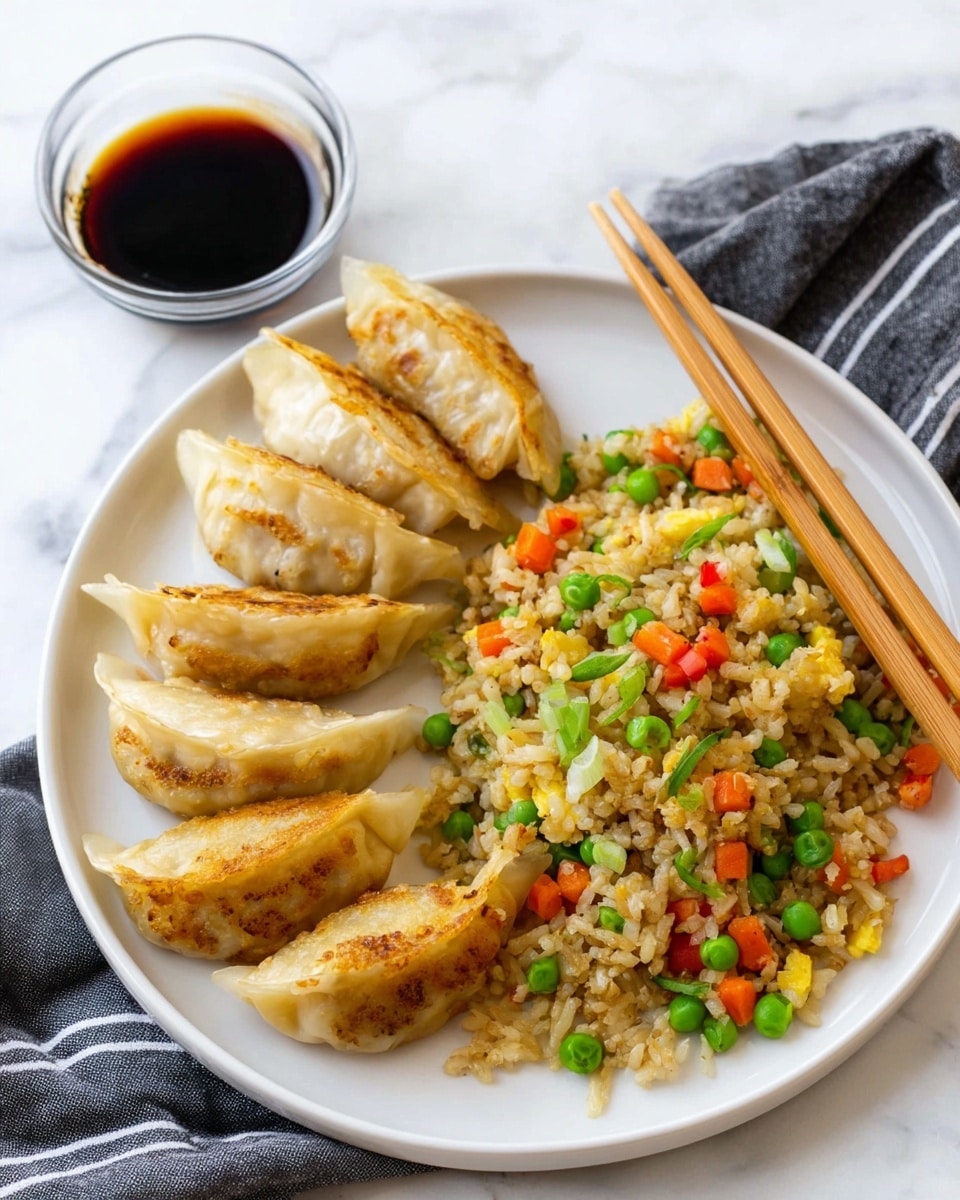 A round white plate holds four golden brown dumplings arranged in a half circle on the left side. On the right side of the plate, there is a generous serving of fried rice mixed with bright green peas, orange carrot cubes, small red bell pepper pieces, and green onion slices. A pair of light brown wooden chopsticks rests diagonally across the top of the plate, above the dumplings. Behind the plate, on a white marbled surface, there is a clear glass bowl filled with dark soy sauce and a dark gray cloth napkin with white stripes. Photo taken with an iphone --ar 4:5 --v 7