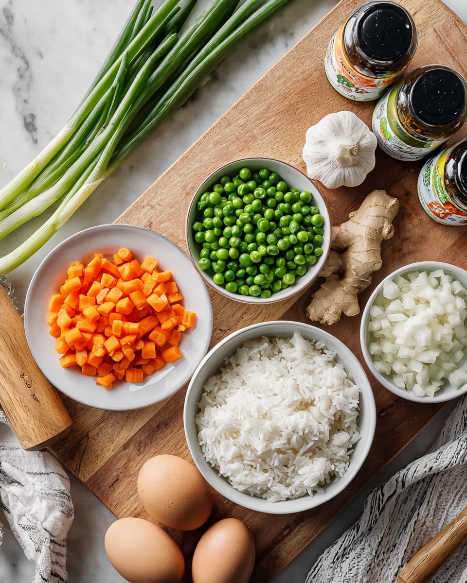 The image shows a close-up of food ingredients arranged on a white marbled surface. There is a white bowl at the bottom filled with fluffy white rice, with two brown eggs beside it to the right. Above that, on the right side, is another white bowl that contains small white diced pieces and a piece of fresh ginger root resting on the edge. To the left, a white plate is filled with small bright orange diced carrots, with a smaller white bowl on top holding round green peas. Some whole green spring onions with white bases and long green tops are placed diagonally across the wooden board at the top left of the image. There are three bottles with colorful labels behind the onions, and a whole garlic bulb sits near the top right corner. A wooden rolling pin and a white and gray striped cloth are partially visible on the left edge of the image. Photo taken with an iphone --ar 4:5 --v 7