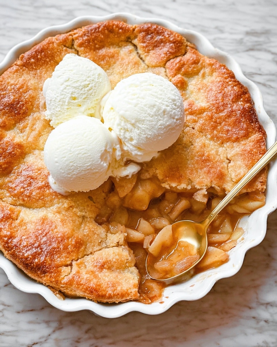 A white scalloped pie dish contains a warm apple cobbler with golden brown, slightly cracked crust on top. Beneath the crust is a layer of soft, cooked apple pieces in a light syrup, visible where a scoop has been taken out with a gold spoon resting inside. Three large scoops of creamy white vanilla ice cream sit on the center of the crust. The dish is set on a white marbled surface photo taken with an iphone --ar 4:5 --v 7