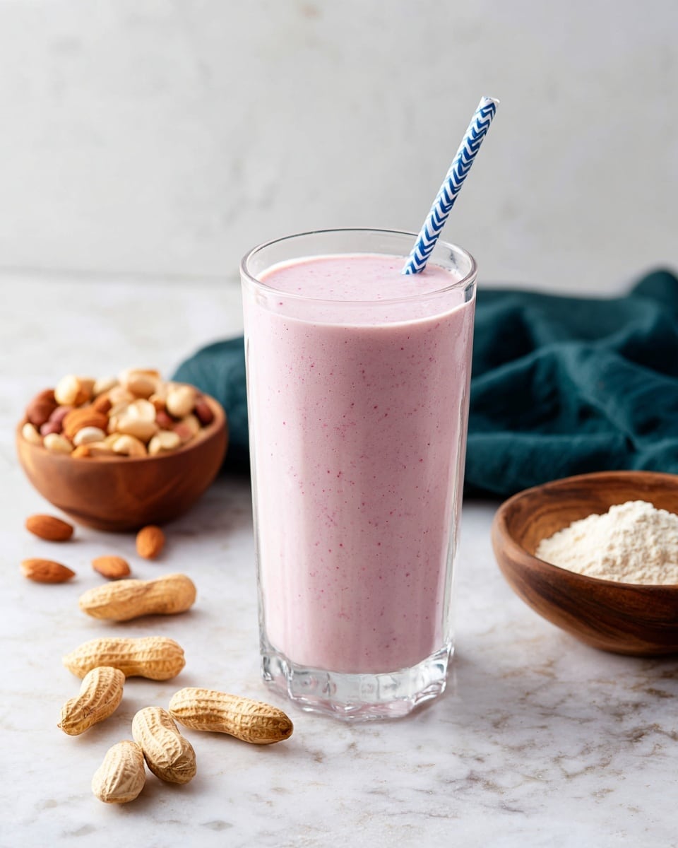 A tall clear glass sits on a white marbled surface, filled halfway with light pink smoothie that has a smooth, creamy texture with tiny red specks. The smoothie is being poured from a clear blender jar at the top right, with more light pink liquid flowing in a thick stream into the glass. To the left of the glass lies a soft green cloth, loosely folded. A blue and white zigzag paper straw lays near the bottom right of the glass on the white marbled surface. Photo taken with an iphone --ar 4:5 --v 7