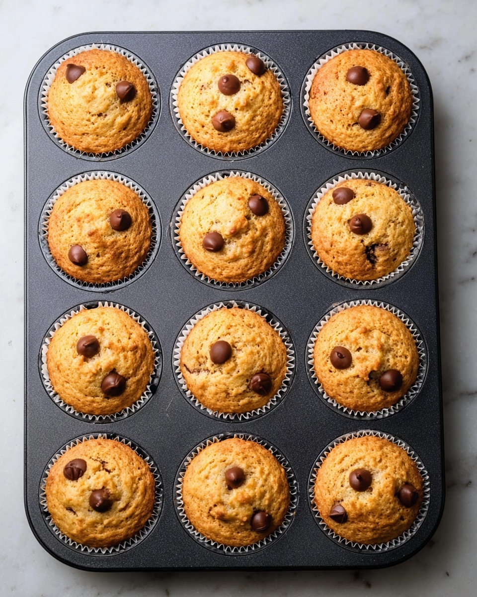 A black muffin tray holds twelve golden brown muffins, each muffin lined with a white paper cup. The muffins have a slightly rough texture with small cracks on the surface, and each one is decorated with three dark chocolate chips scattered on top. The tray sits on a white marbled surface, showing a clear overhead view of the evenly baked muffins filling each section. photo taken with an iphone --ar 4:5 --v 7