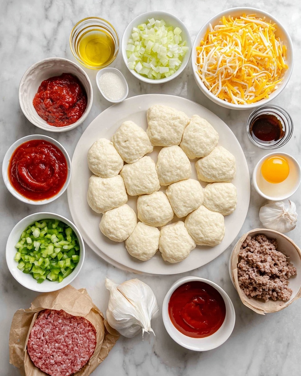 The image shows a white plate with a circle of biscuit dough pieces arranged evenly. Around the plate on the white marbled surface are small white bowls and containers with various ingredients: diced green bell peppers, chopped onions, shredded yellow and white cheese, a raw egg yolk in a bowl, a portion of ground meat wrapped partially in brown paper, and a small bowl with tomato paste. There are also separate bowls with ketchup, mustard, dark sauce, minced garlic, and a glass bowl with a red sauce. The arrangement is neat and the colors range from bright red, yellow, and green to neutral white, beige, and light brown. Photo taken with an iphone --ar 4:5 --v 7