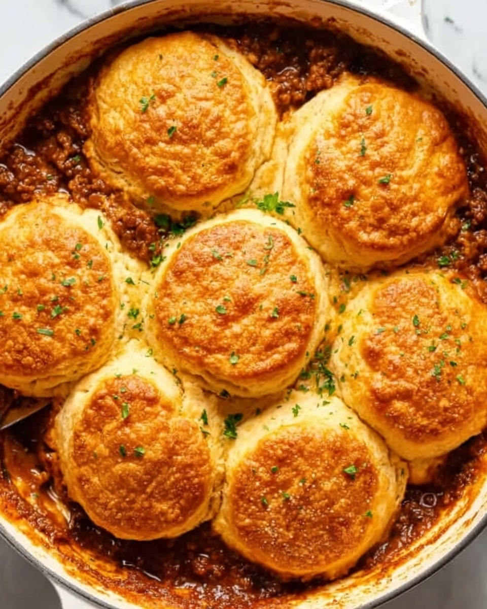 A white round dish holds seven golden brown biscuit circles, arranged closely in a circular pattern, each biscuit thick with a glossy shine on top and a slightly textured crust. Below the biscuits is a dark brown, slightly crumbly layer with a rich, saucy look, peeking around the edges of the biscuits and adding contrast. Small pieces of green herbs are sprinkled on some of the biscuits and around the dish, adding a fresh pop of color. The dish rests on a white marbled surface with a small white bowl of chopped green herbs nearby, and a striped cloth partially visible at the bottom right corner. Photo taken with an iphone --ar 4:5 --v 7