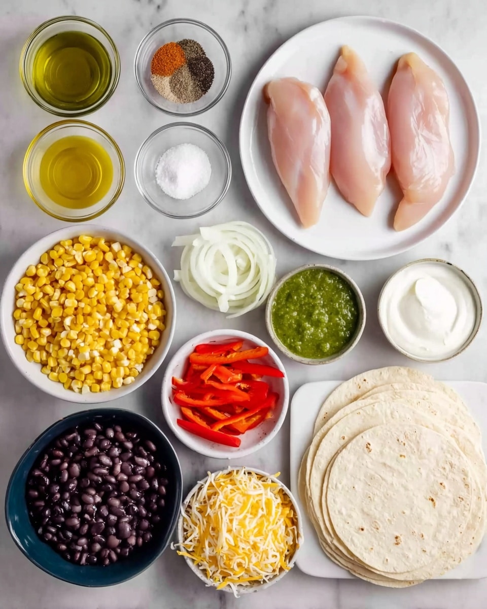 The image shows a top view of various fresh ingredients on a white marbled surface arranged neatly. At the top center is a white plate with four raw, pink chicken fillets. To the left of the chicken are three small glass bowls with white salt, black pepper, and a reddish-brown spice powder. Below those is a small glass bowl filled with golden olive oil and next to it is a white bowl with smooth white sour cream. To the right of the sour cream is a white bowl filled with green salsa. Moving down, there is a white bowl of cooked yellow corn kernels on the left and a white bowl with black beans on the right. Farther left is a white bowl with thinly sliced white onions and bright red bell pepper strips mixed together. Below the vegetables is a small dark blue bowl filled with shredded yellow and white cheese. At the bottom right is a stack of four light beige flour tortillas. At the top left of the image is a bowl with a smooth green sauce. photo taken with an iphone --ar 4:5 --v 7