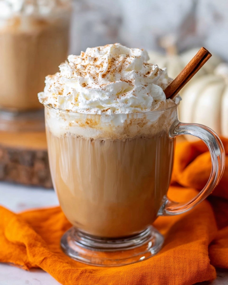 The image shows a clear glass mug filled with a layered creamy light brown drink topped with a thick, fluffy layer of white whipped cream sprinkled with light brown cinnamon powder. On the right side of the whipped cream, a brown cinnamon stick leans against the rim. The mug sits on a wooden surface with a bright orange cloth and blurred white pumpkin in the background, all placed on a white marbled texture. Photo taken with an iphone --ar 4:5 --v 7